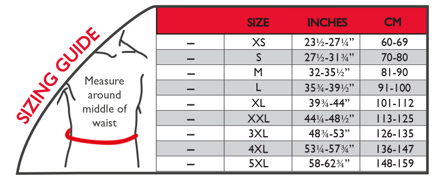 thermoskin lumbat support sizing chart for black and beige 