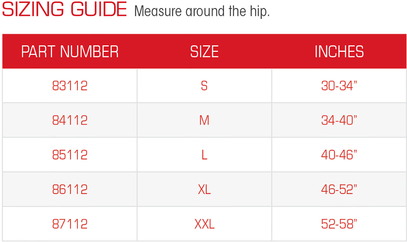 Thermoskin Sacroiliac Belt black sizing chart